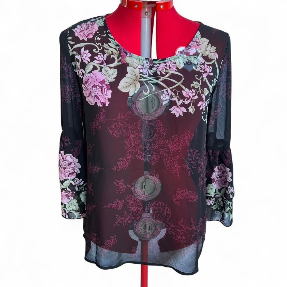 Black Sheer Mesh Top With Pink Floral Design & Long Ruffle Sleeves Whimsygoth